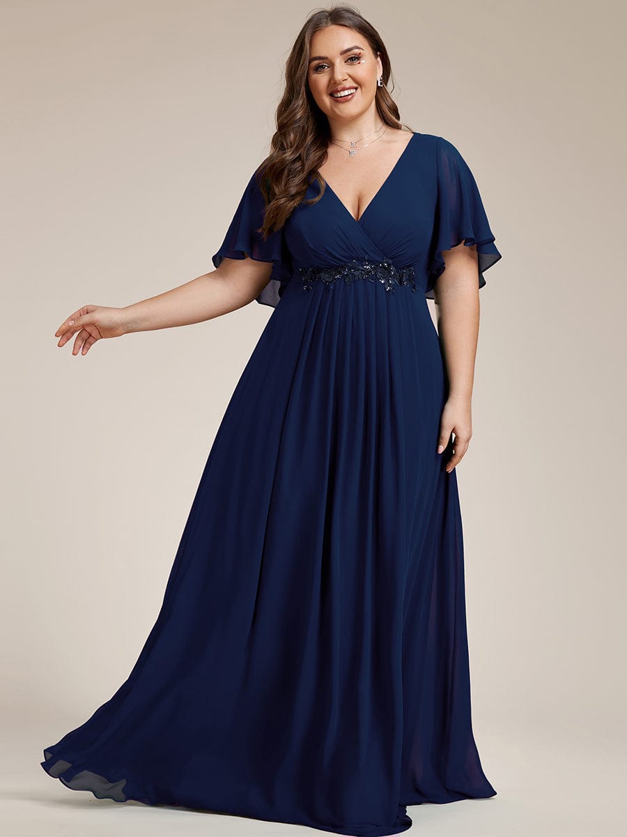 Plus Size Applique Waist A-Line Chiffon Maxi Dress #color_Navy Blue