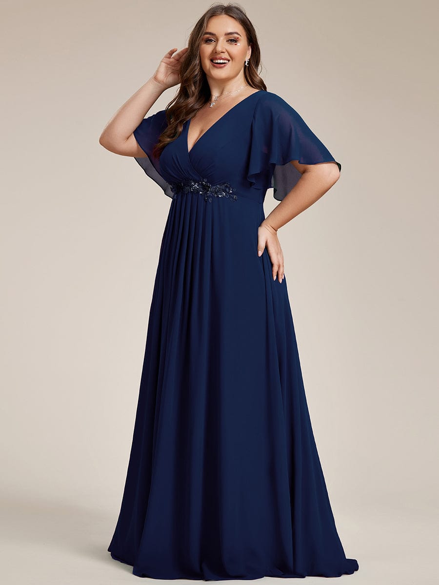 Plus Size Applique Waist A-Line Chiffon Maxi Dress #color_Navy Blue