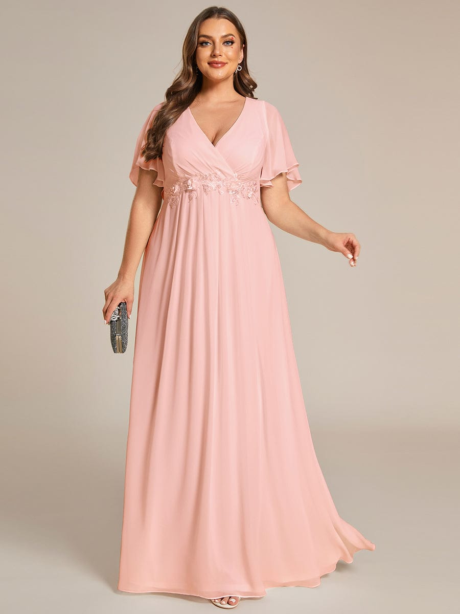 Plus Size Applique Waist A-Line Chiffon Maxi Dress #color_Pink