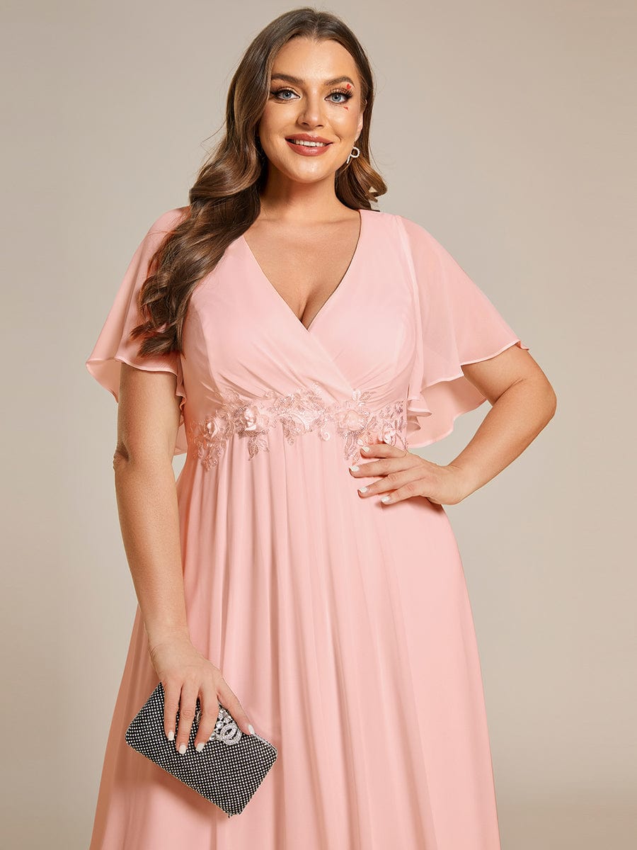 Plus Size Applique Waist A-Line Chiffon Maxi Dress #color_Pink