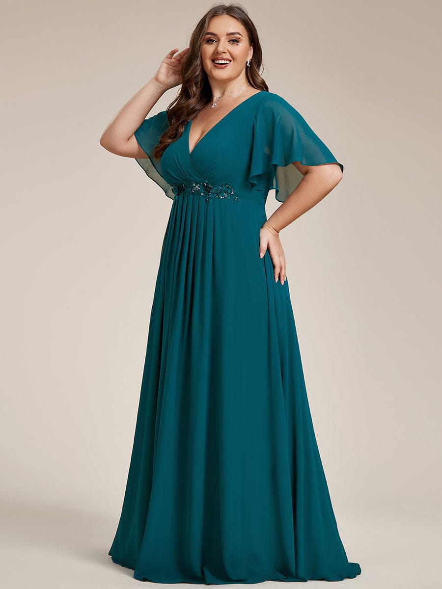 Plus Size Applique Waist A-Line Chiffon Maxi Dress #color_Teal