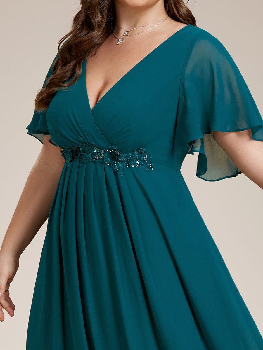 Plus Size Applique Waist A-Line Chiffon Maxi Dress #color_Teal