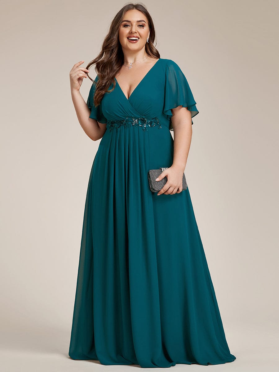 Plus Size Applique Waist A-Line Chiffon Maxi Dress #color_Teal