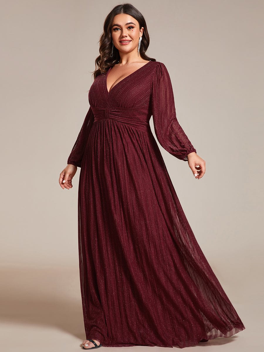 Glitter Empire Waist Plus Size Maxi Dress with Long Sleeves #color_Burgundy