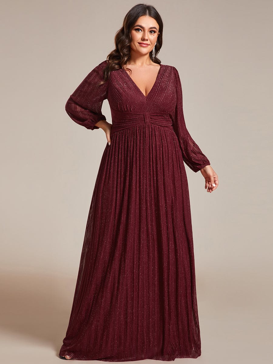 Glitter Empire Waist Plus Size Maxi Dress with Long Sleeves #color_Burgundy