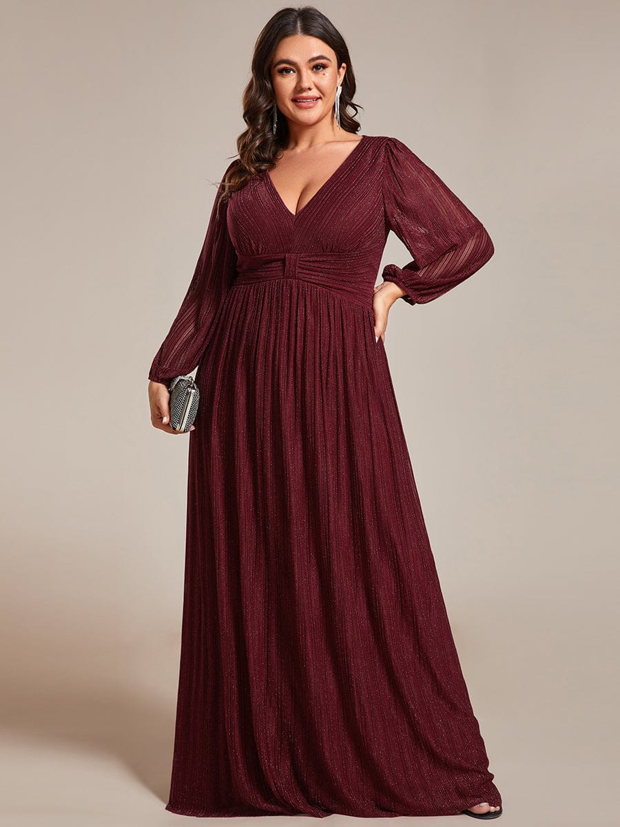 Glitter Empire Waist Plus Size Maxi Dress with Long Sleeves #color_Burgundy