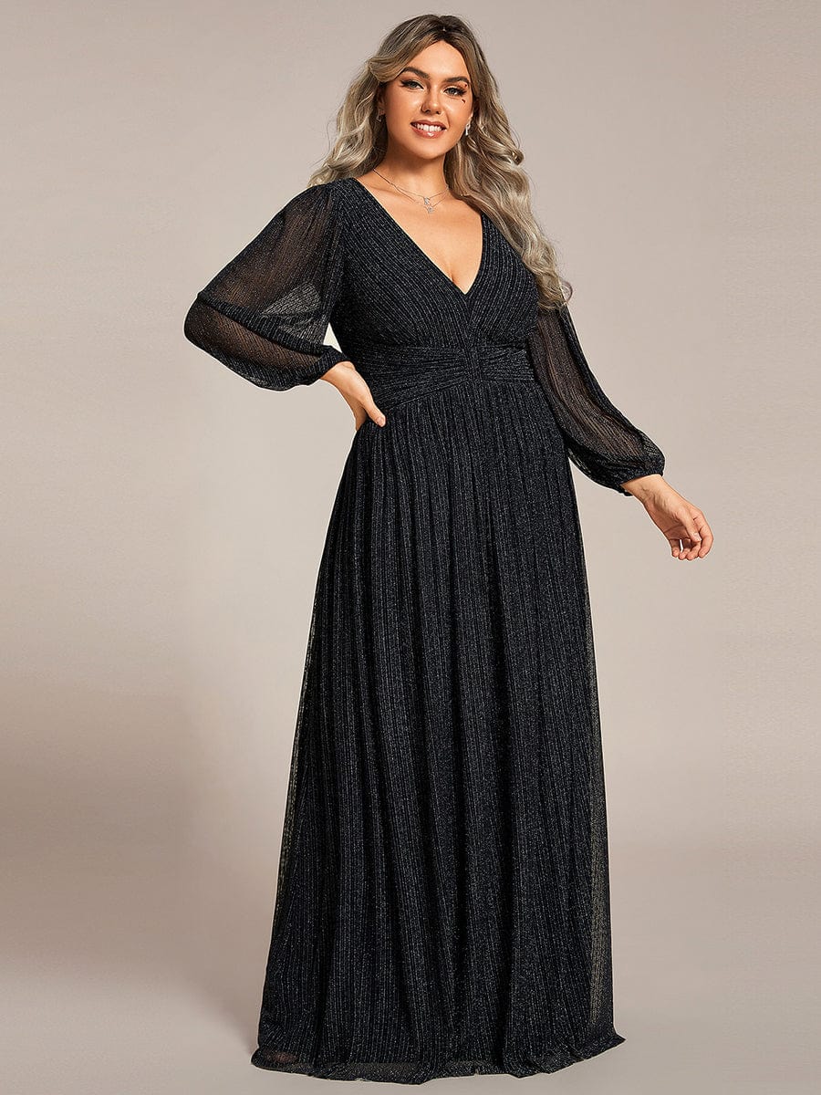 Glitter Empire Waist Plus Size Maxi Dress with Long Sleeves #color_Black