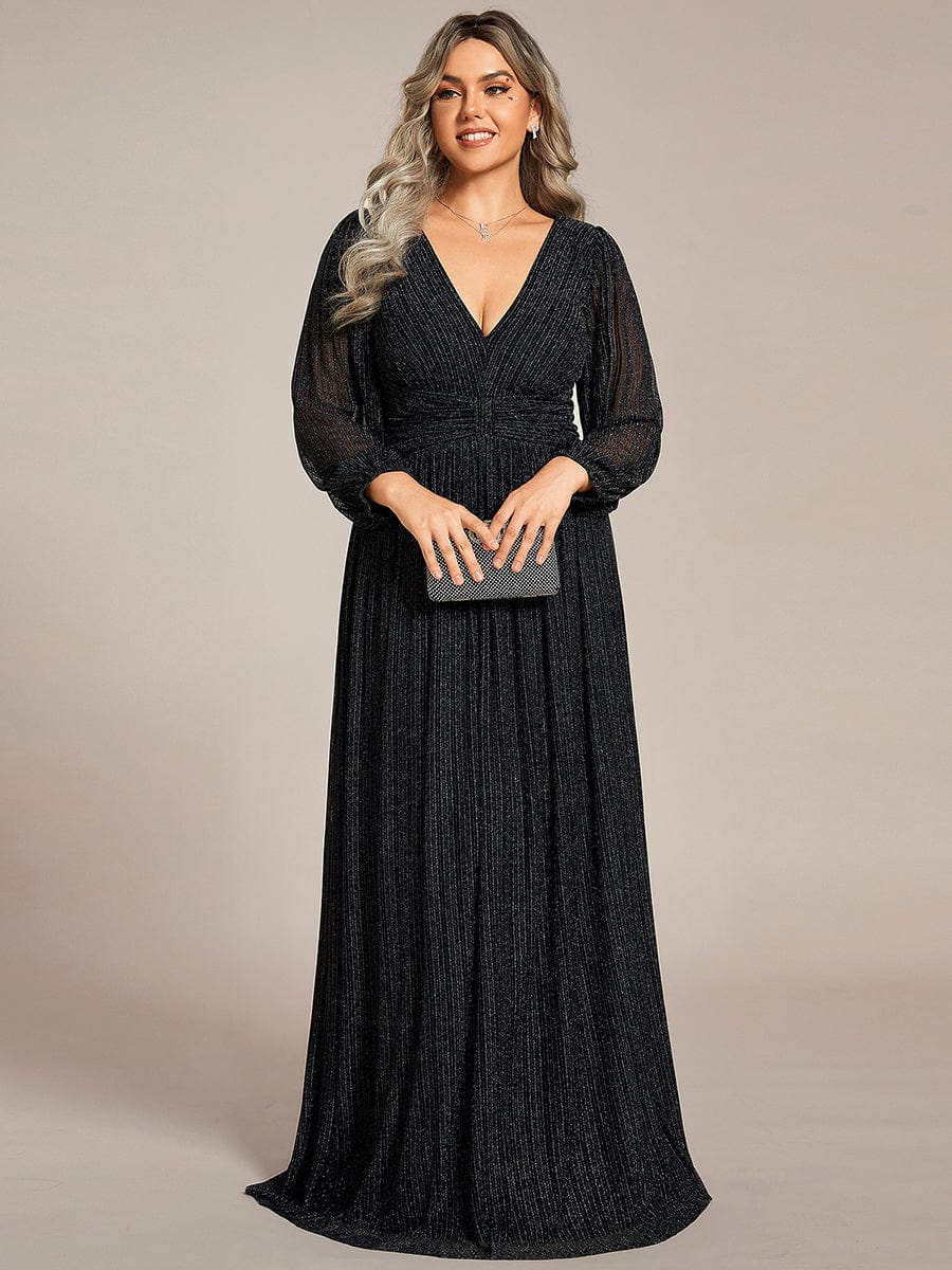 Glitter Empire Waist Plus Size Maxi Dress with Long Sleeves #color_Black