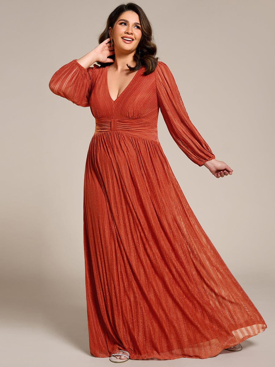 Glitter Empire Waist Plus Size Maxi Dress with Long Sleeves #color_Burnt Orange