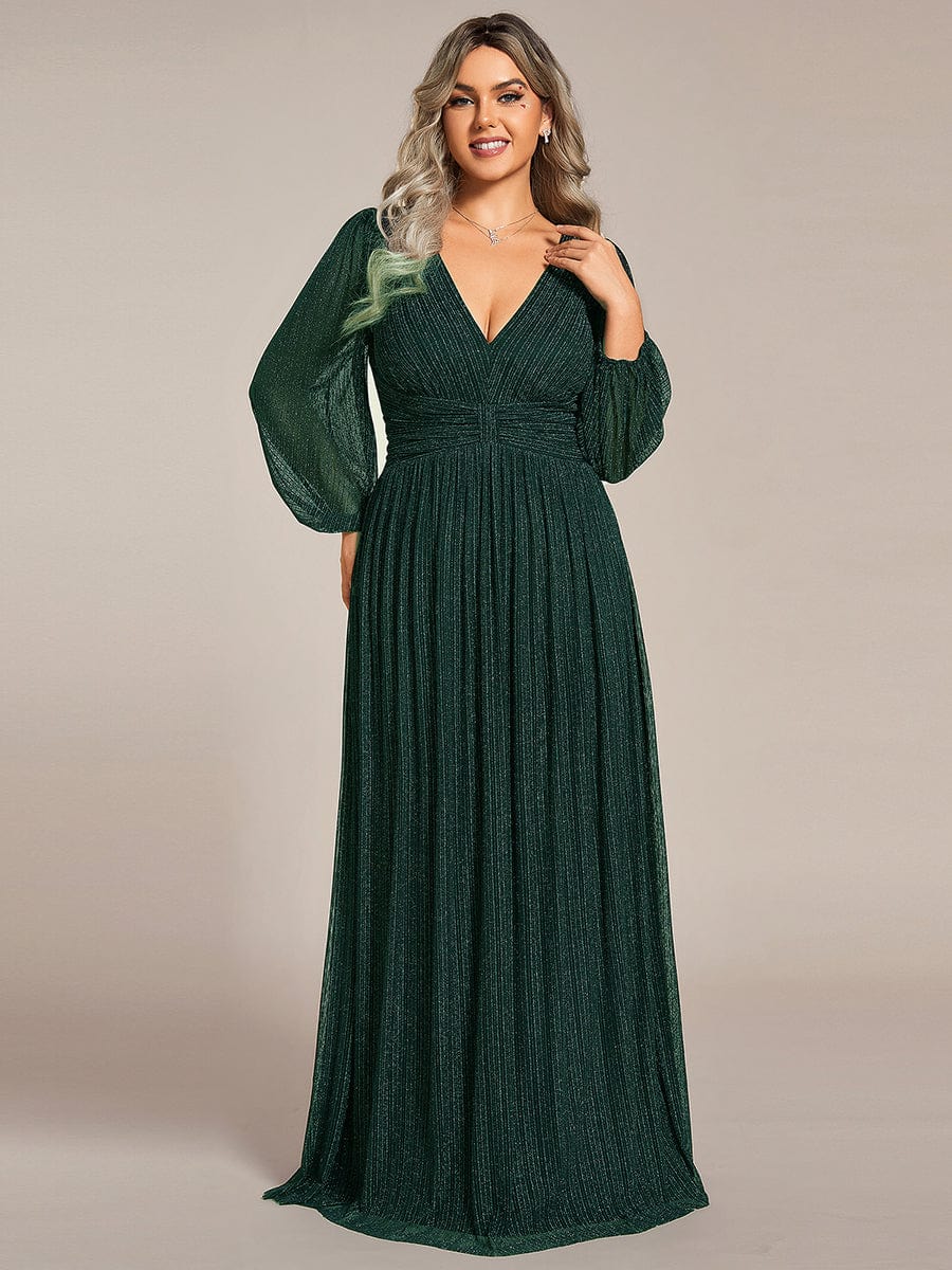 Glitter Empire Waist Plus Size Maxi Dress with Long Sleeves #color_Dark Green