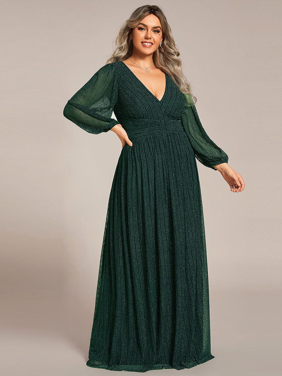 Glitter Empire Waist Plus Size Maxi Dress with Long Sleeves #color_Dark Green