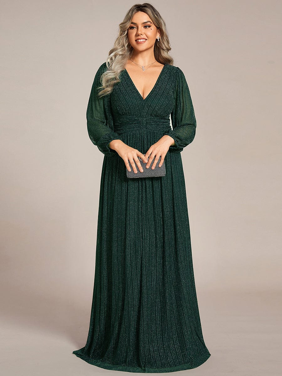 Glitter Empire Waist Plus Size Maxi Dress with Long Sleeves #color_Dark Green