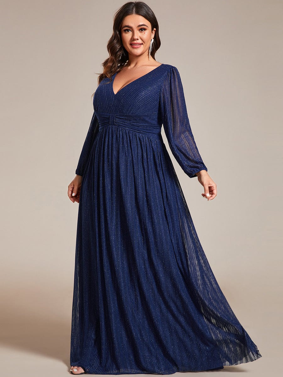 Glitter Empire Waist Plus Size Maxi Dress with Long Sleeves #color_Navy Blue