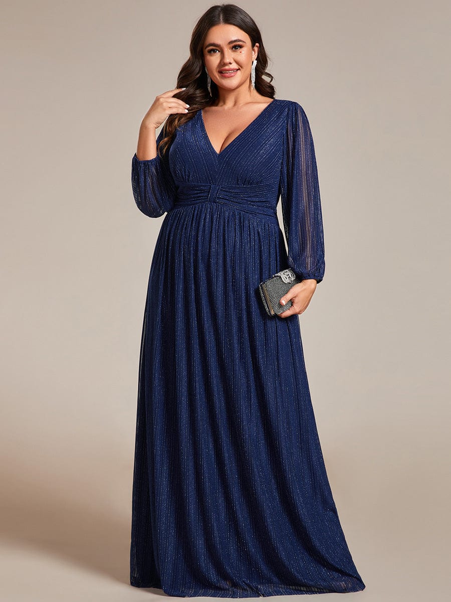 Glitter Empire Waist Plus Size Maxi Dress with Long Sleeves #color_Navy Blue