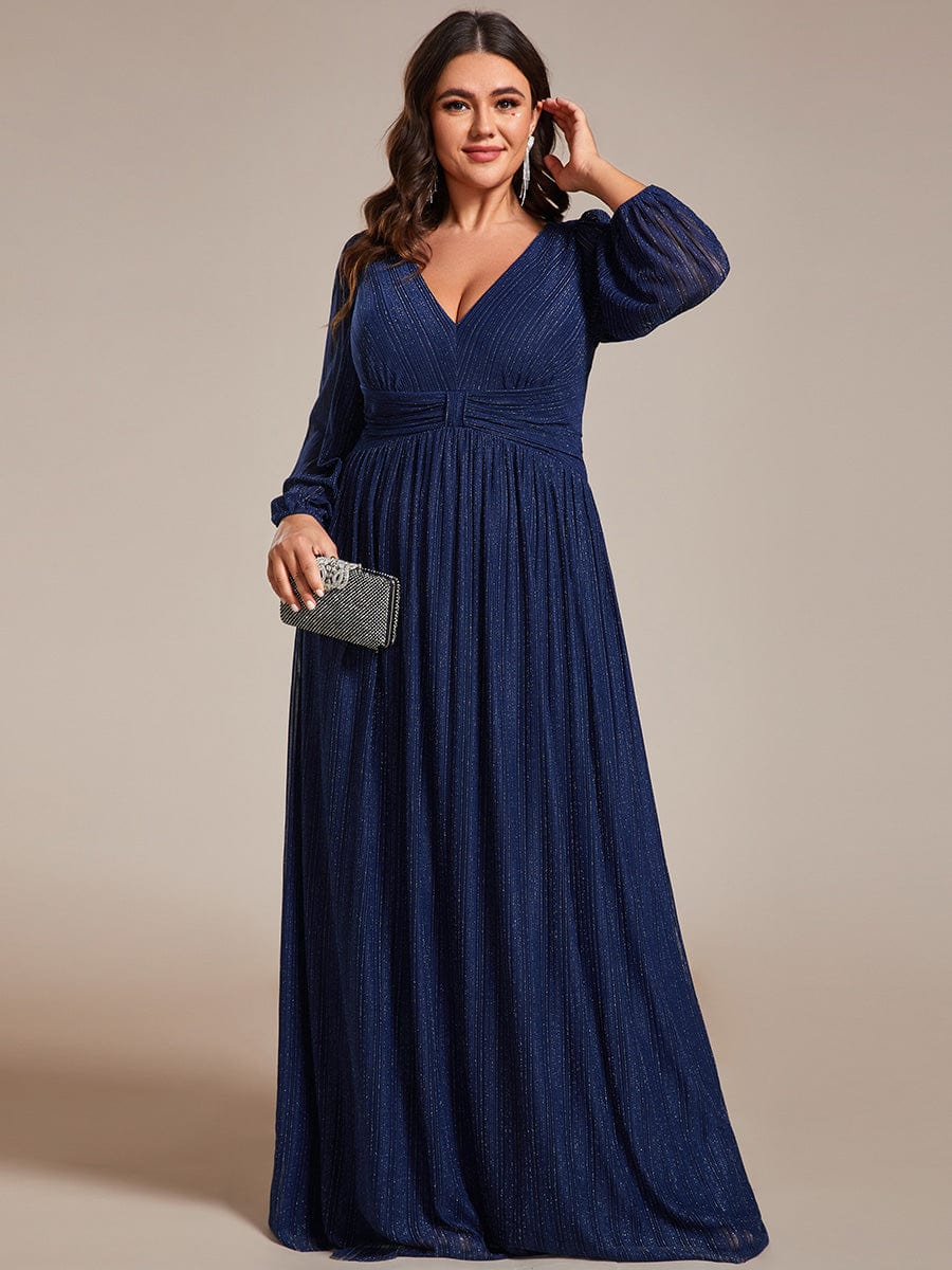 Glitter Empire Waist Plus Size Maxi Dress with Long Sleeves #color_Navy Blue