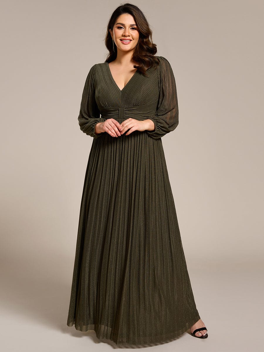 Glitter Empire Waist Plus Size Maxi Dress with Long Sleeves #color_Olive Green