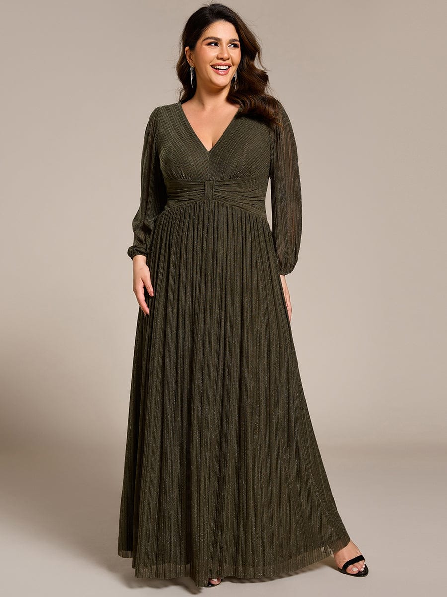 Glitter Empire Waist Plus Size Maxi Dress with Long Sleeves #color_Olive Green