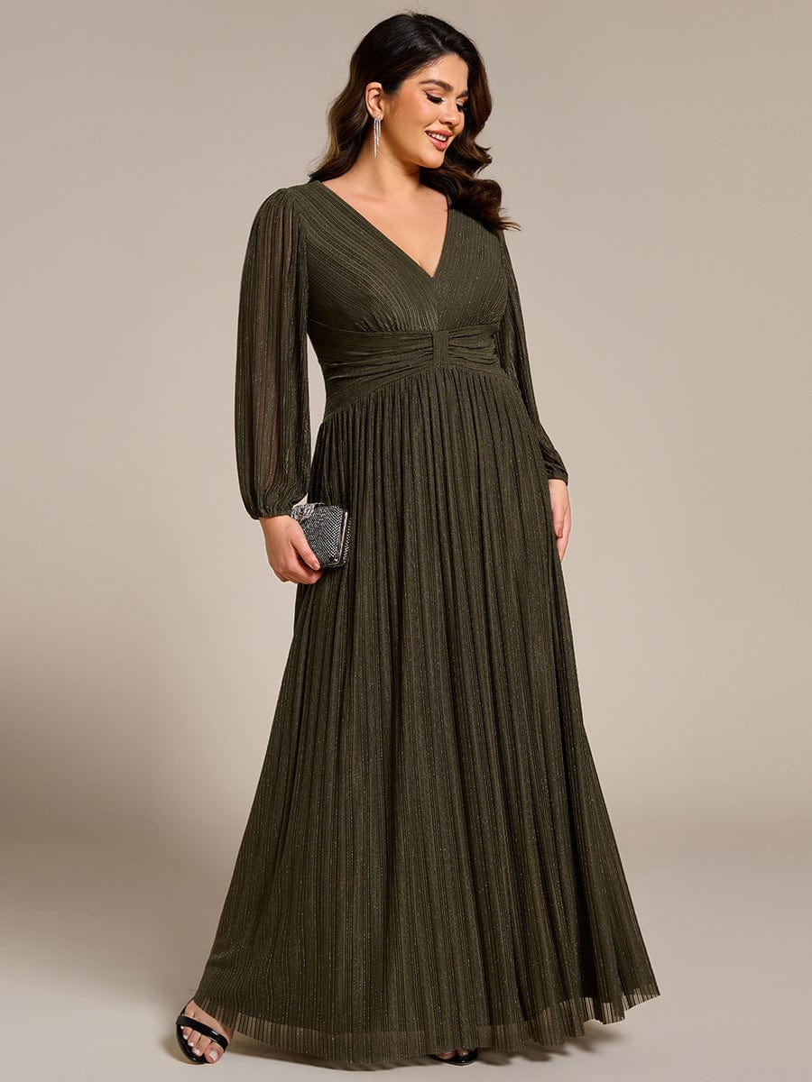 Glitter Empire Waist Plus Size Maxi Dress with Long Sleeves #color_Olive Green