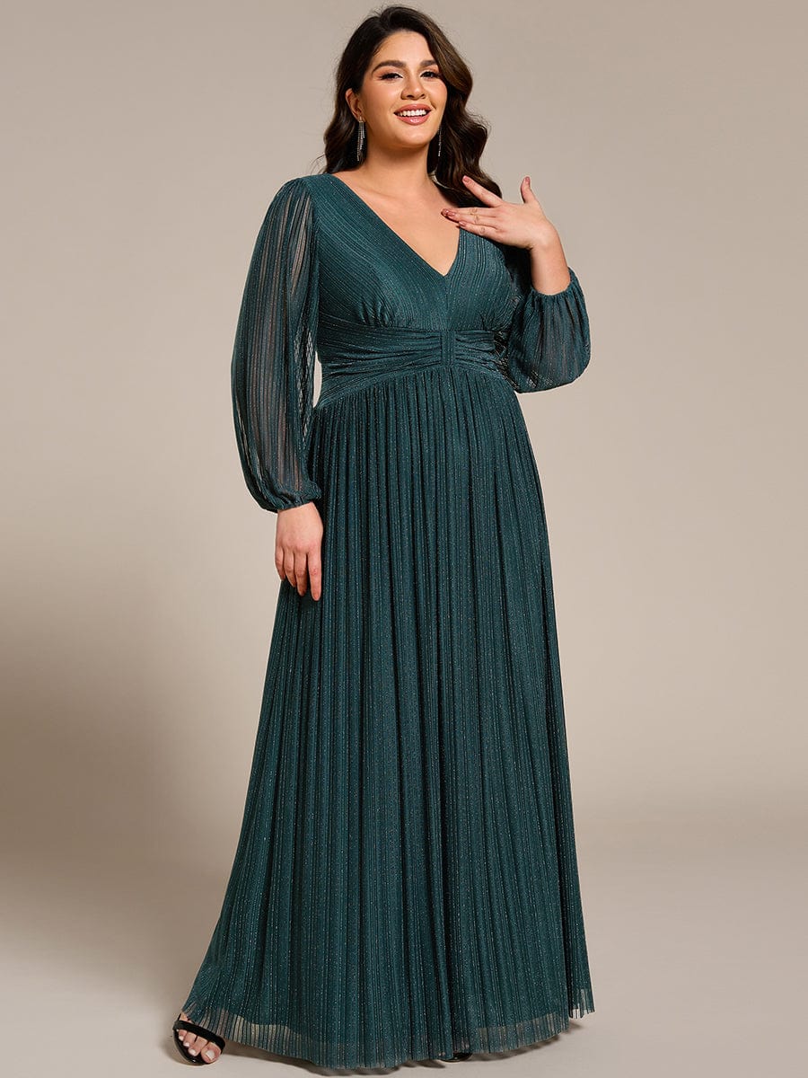 Glitter Empire Waist Plus Size Maxi Dress with Long Sleeves #color_Teal