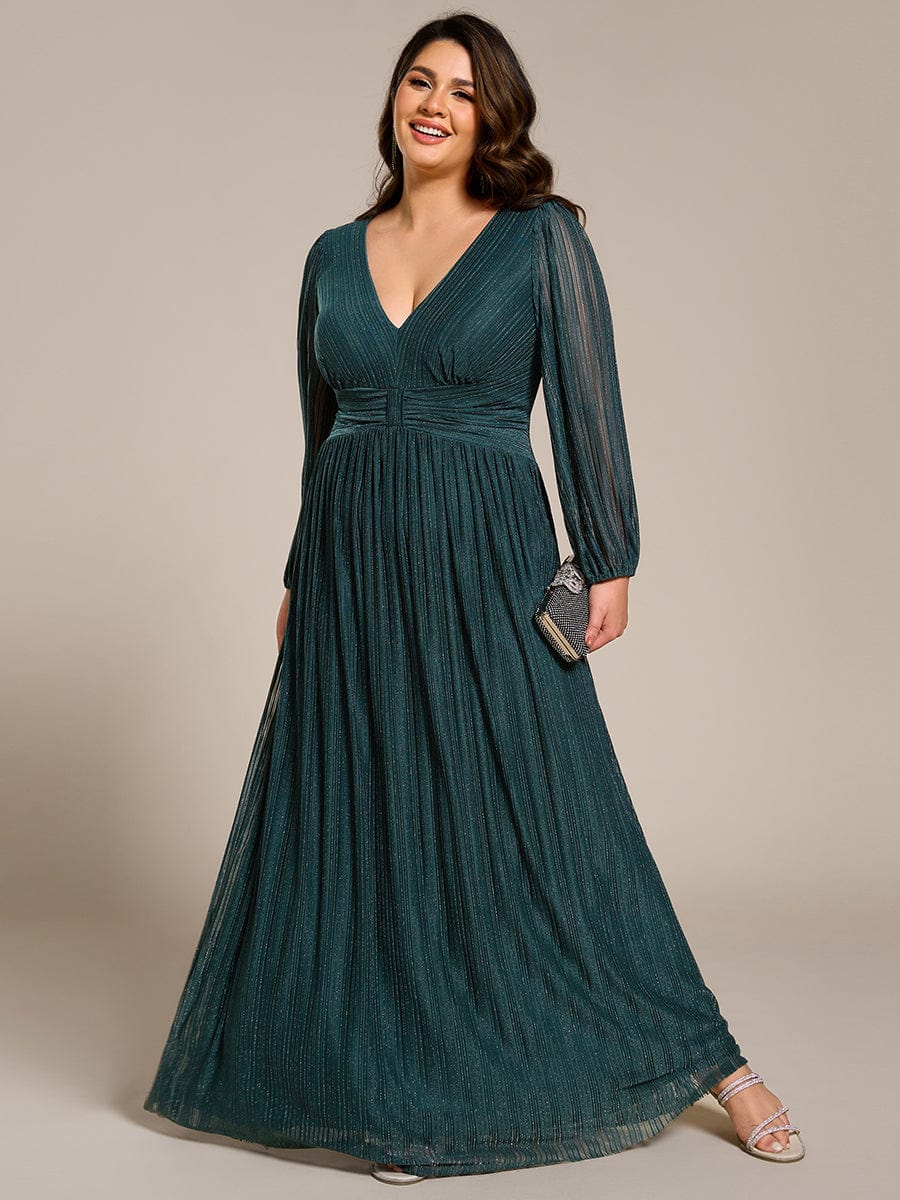 Glitter Empire Waist Plus Size Maxi Dress with Long Sleeves #color_Teal