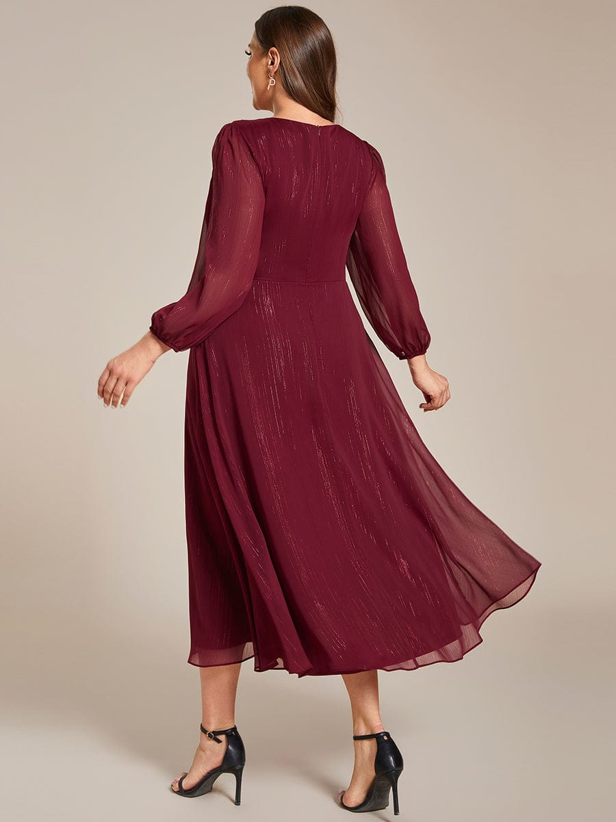 Plus Size Long Sleeve Twist Knot Glitter Midi Dress #color_Burgundy