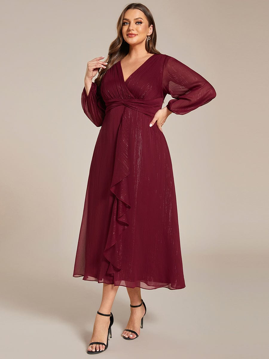 Plus Size Long Sleeve Twist Knot Glitter Midi Dress #color_Burgundy