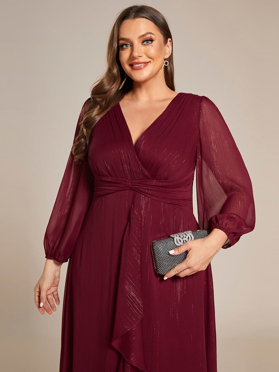 Plus Size Long Sleeve Twist Knot Glitter Midi Dress #color_Burgundy