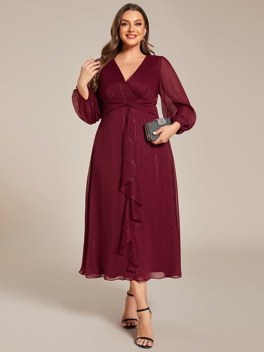 Plus Size Long Sleeve Twist Knot Glitter Midi Dress #color_Burgundy