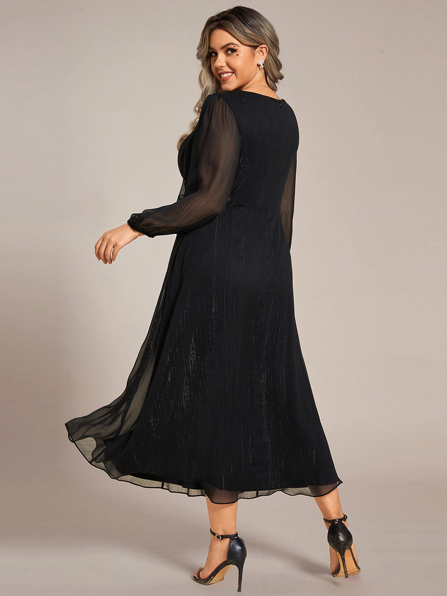 Plus Size Long Sleeve Twist Knot Glitter Midi Dress #color_Black