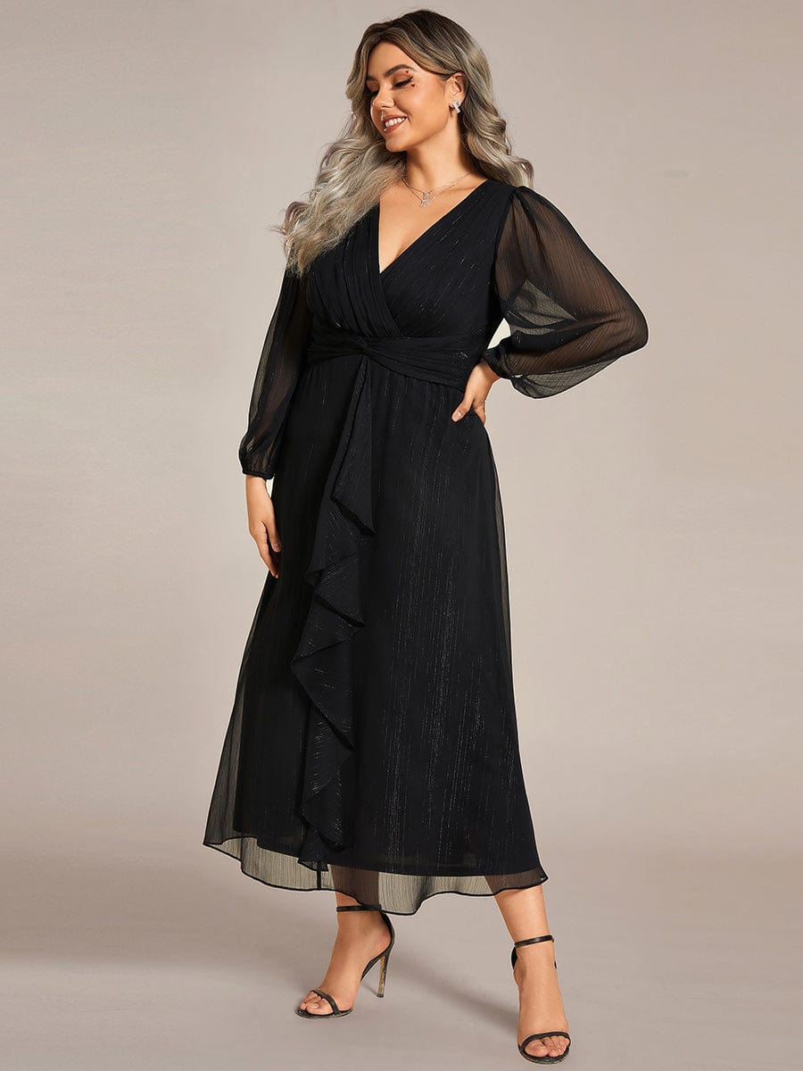 Plus Size Long Sleeve Twist Knot Glitter Midi Dress #color_Black