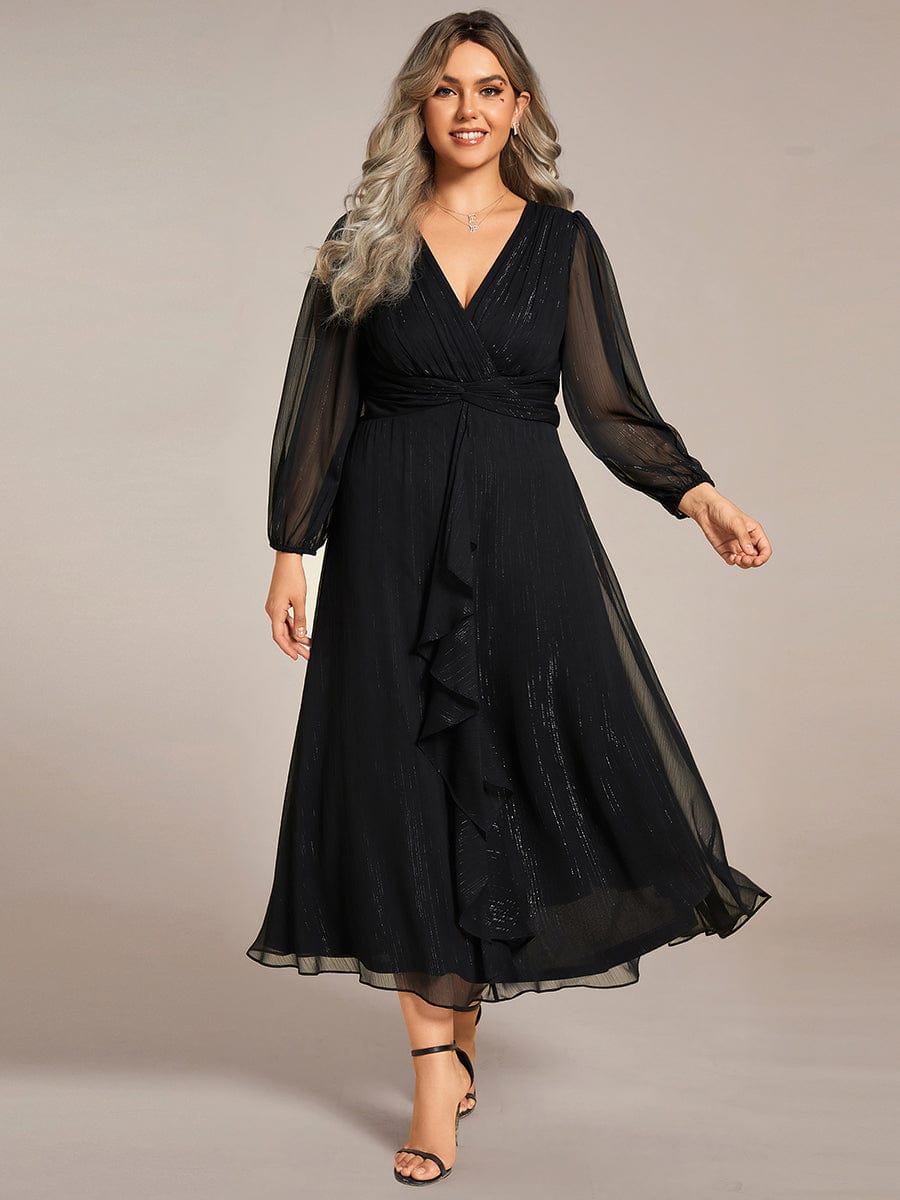 Plus Size Long Sleeve Twist Knot Glitter Midi Dress #color_Black