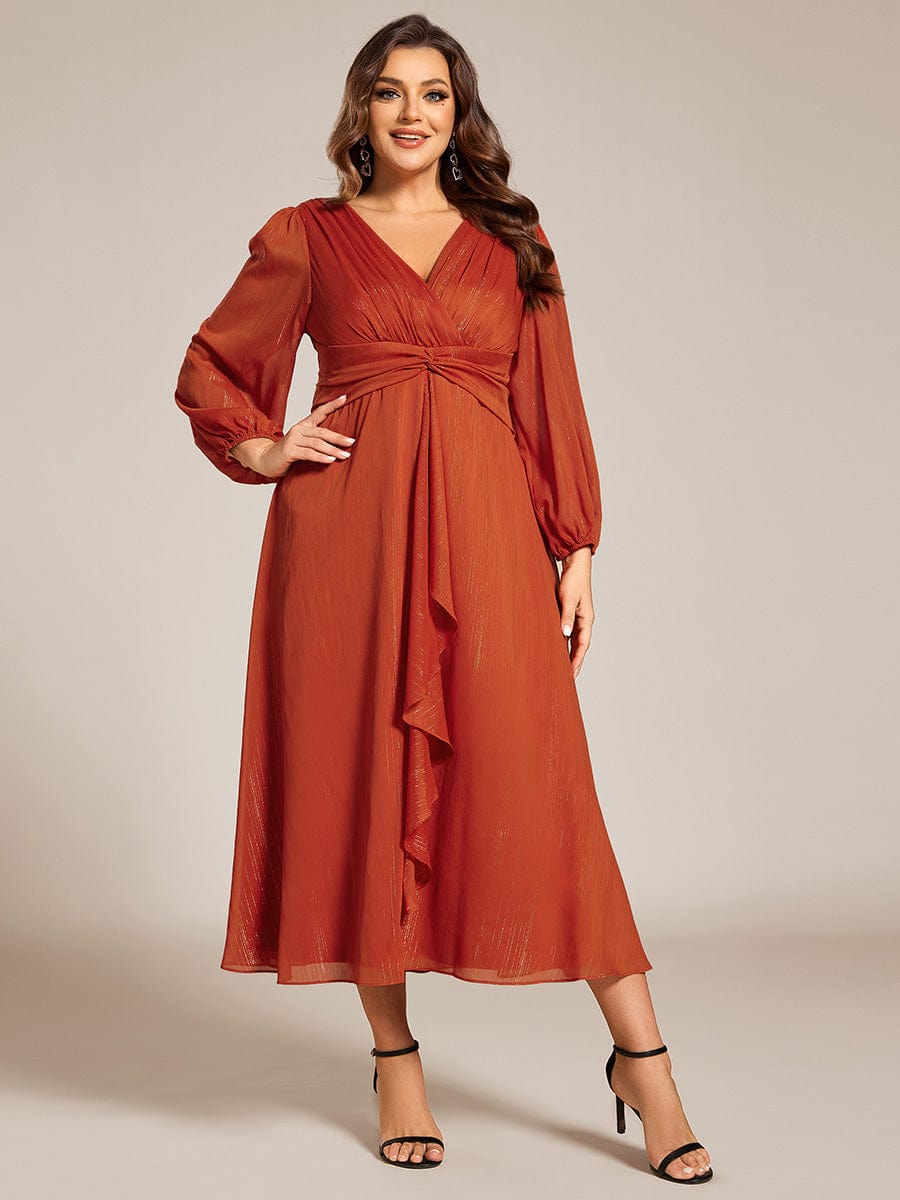 Plus Size Long Sleeve Twist Knot Glitter Midi Dress #color_Burnt Orange