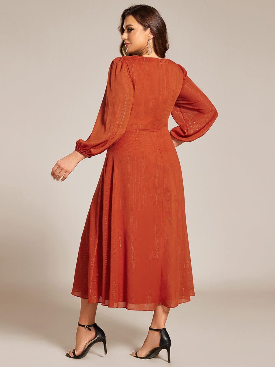 Plus Size Long Sleeve Twist Knot Glitter Midi Dress #color_Burnt Orange