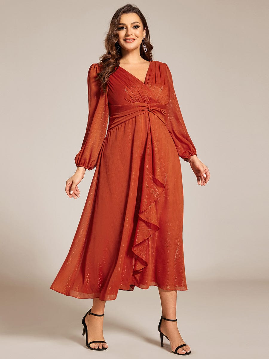 Plus Size Long Sleeve Twist Knot Glitter Midi Dress #color_Burnt Orange