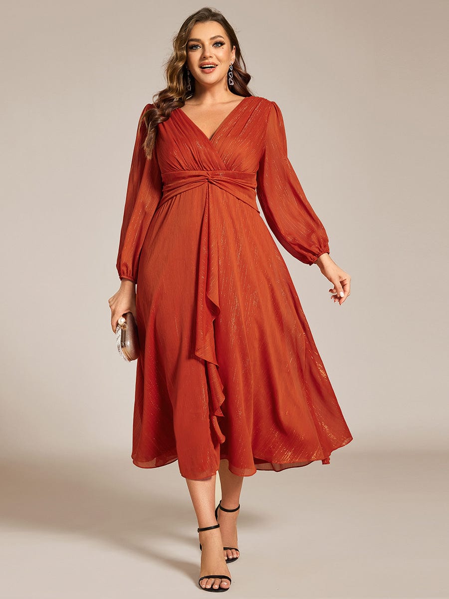 Plus Size Long Sleeve Twist Knot Glitter Midi Dress #color_Burnt Orange