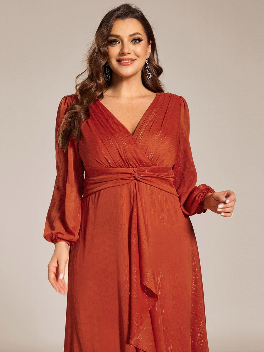 Plus Size Long Sleeve Twist Knot Glitter Midi Dress #color_Burnt Orange