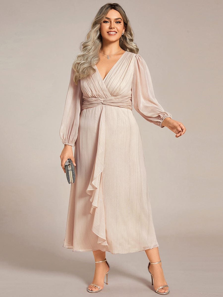 Plus Size Long Sleeve Twist Knot Glitter Midi Dress #color_Champagne