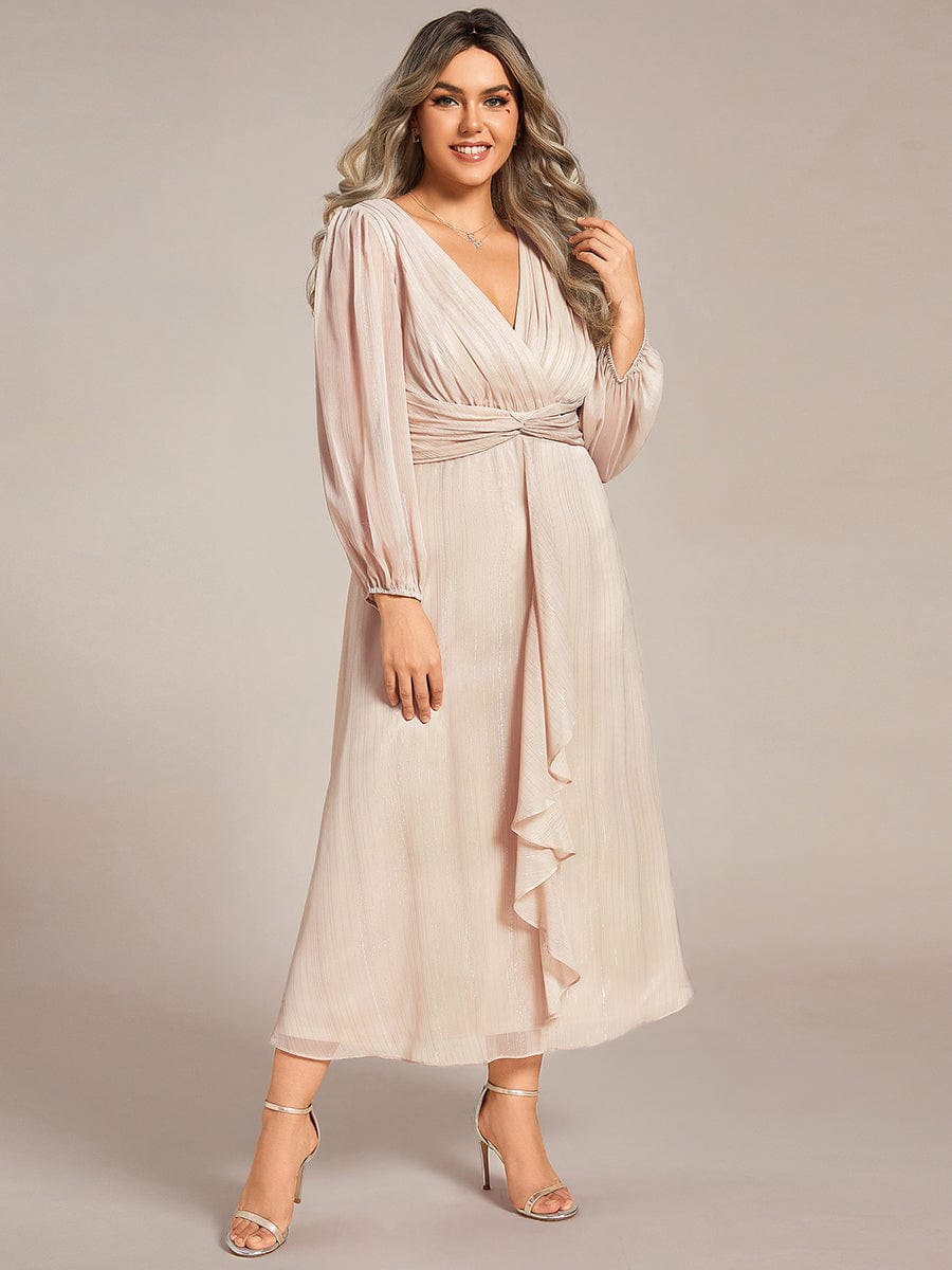 Plus Size Long Sleeve Twist Knot Glitter Midi Dress #color_Champagne