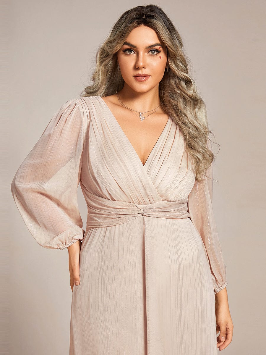 Plus Size Long Sleeve Twist Knot Glitter Midi Dress #color_Champagne