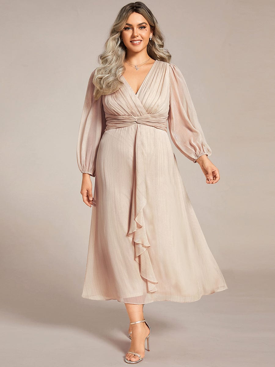 Plus Size Long Sleeve Twist Knot Glitter Midi Dress #color_Champagne