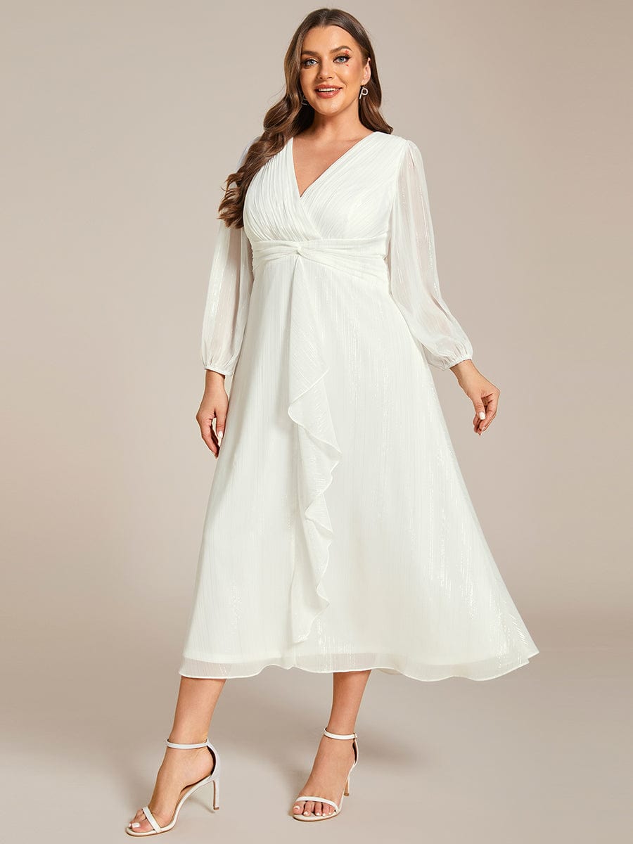 Plus Size Long Sleeve Twist Knot Glitter Midi Dress #color_Cream