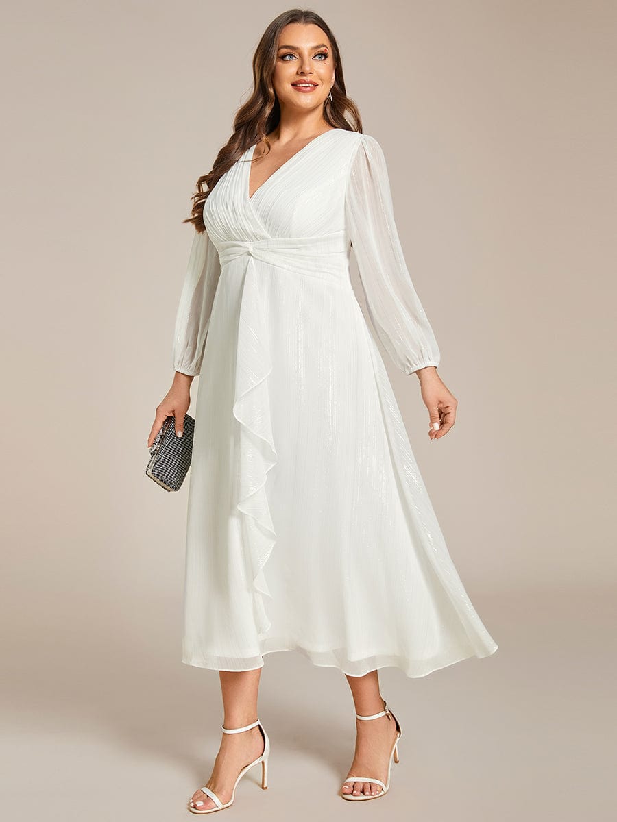 Plus Size Long Sleeve Twist Knot Glitter Midi Dress #color_Cream