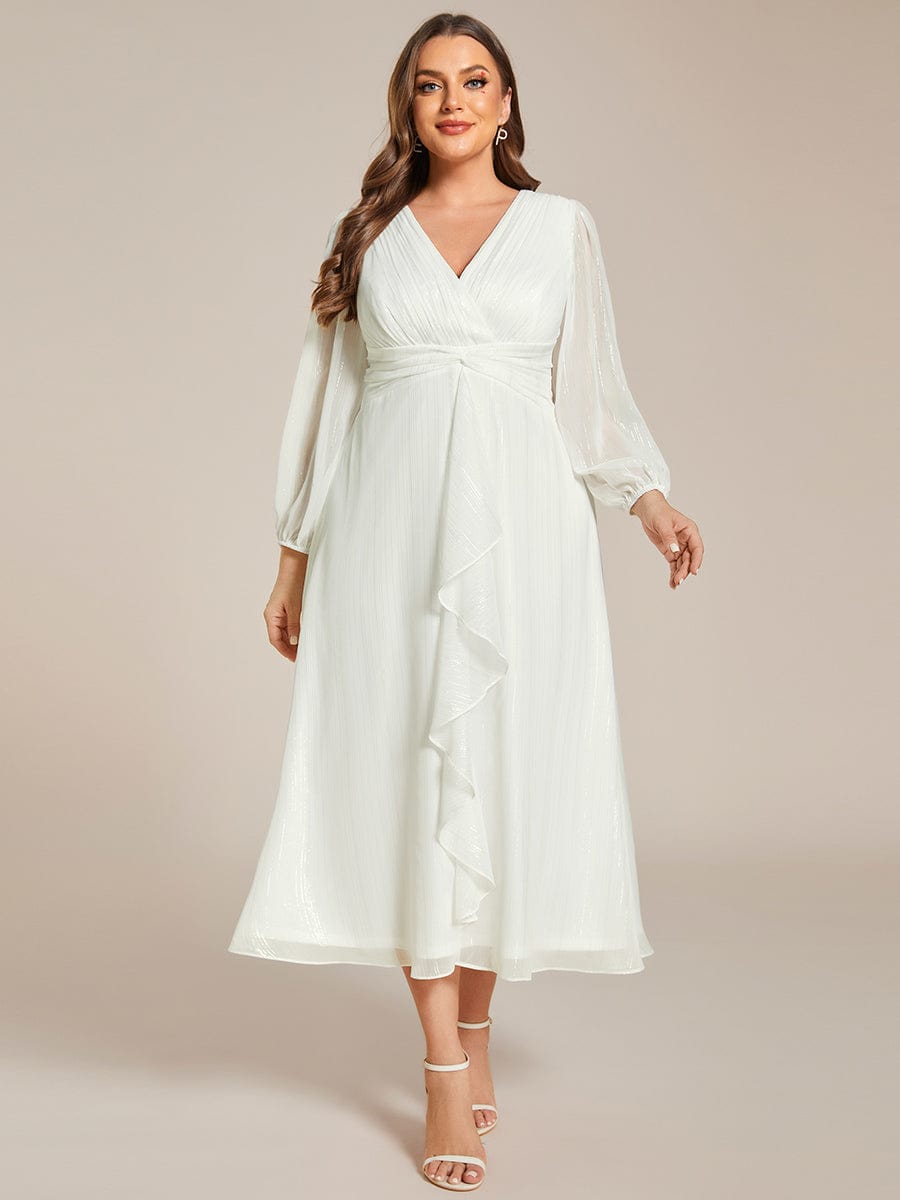 Plus Size Long Sleeve Twist Knot Glitter Midi Dress #color_Cream