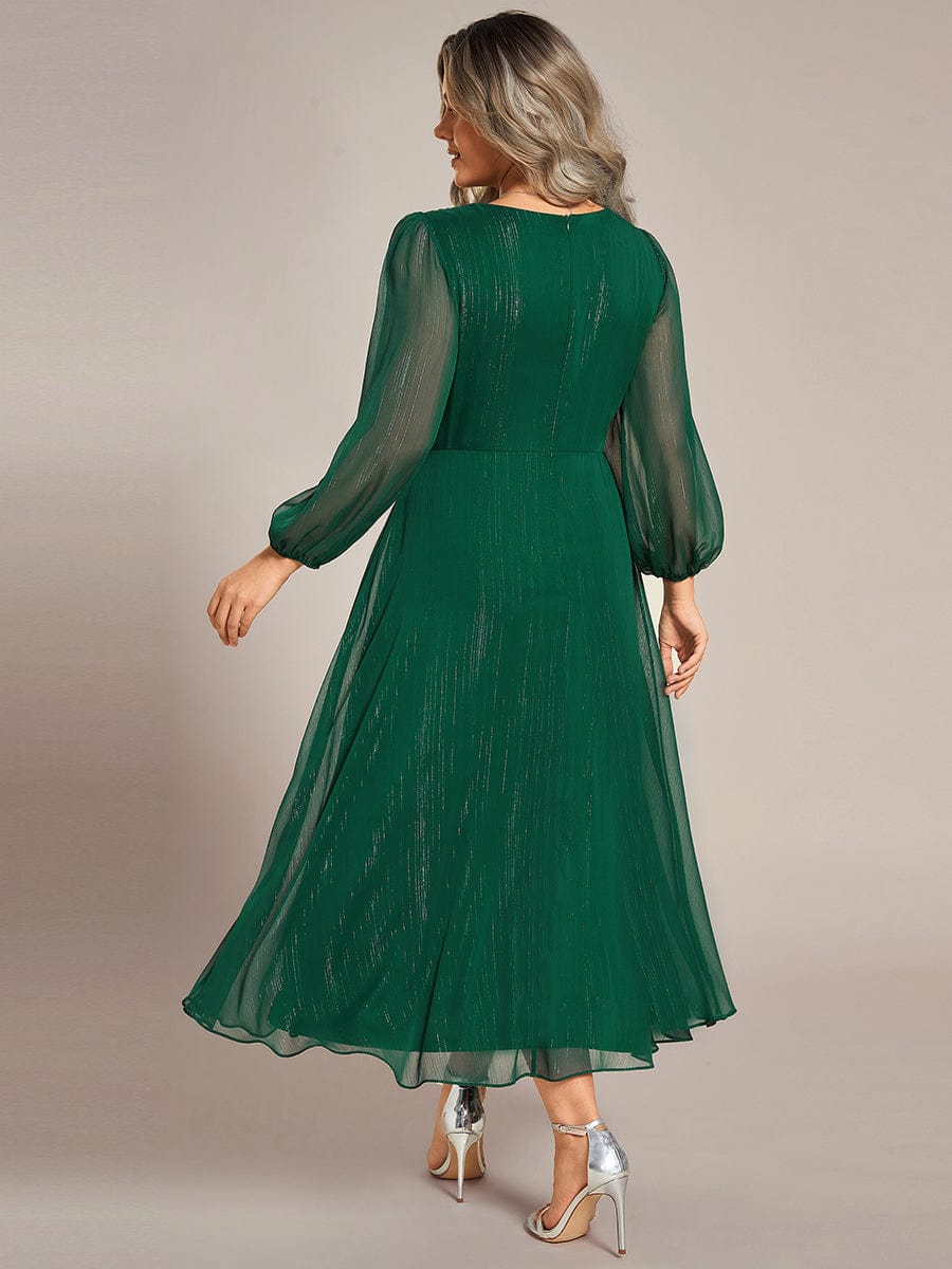 Plus Size Long Sleeve Twist Knot Glitter Midi Dress #color_Dark Green