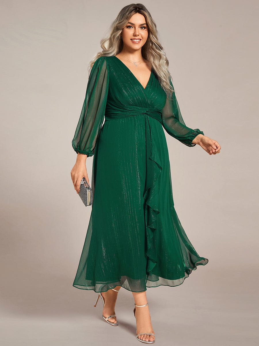 Plus Size Long Sleeve Twist Knot Glitter Midi Dress #color_Dark Green