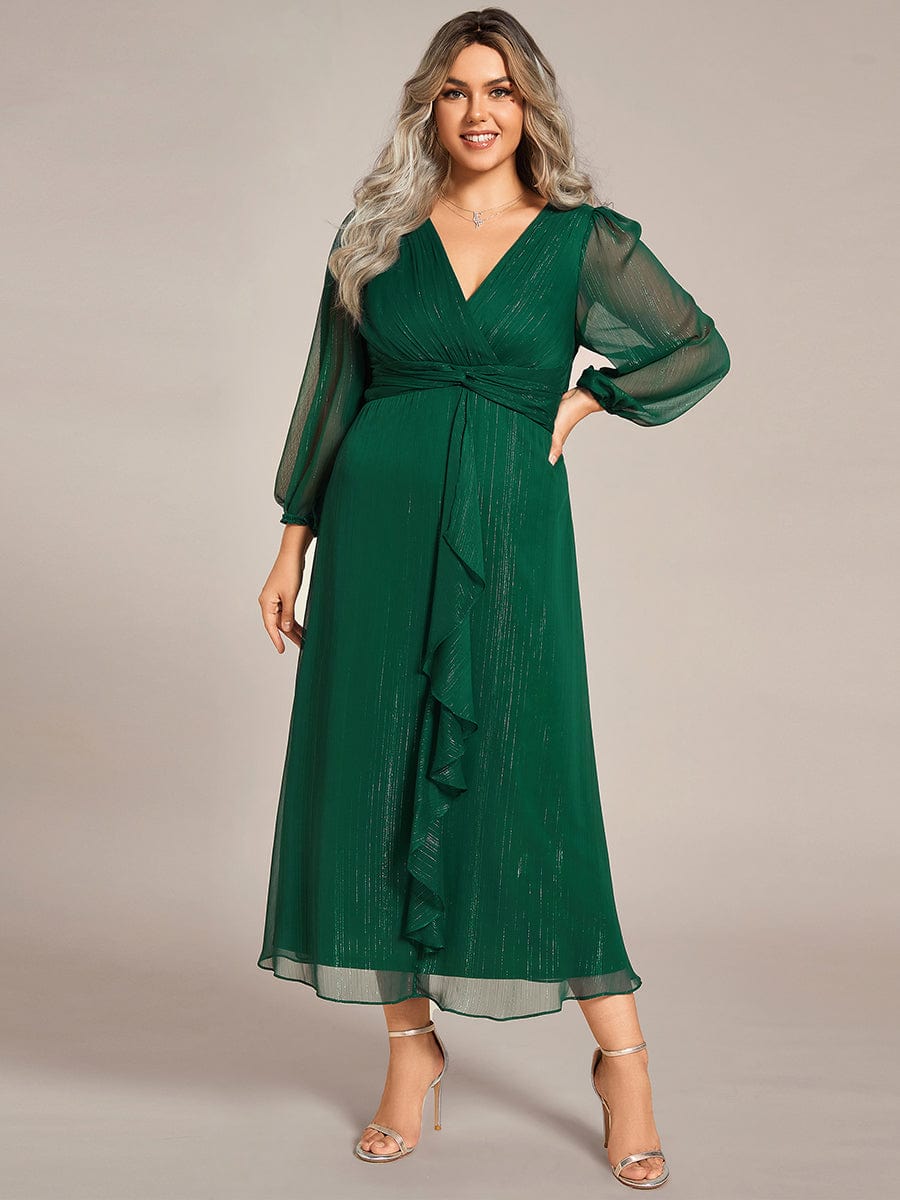 Plus Size Long Sleeve Twist Knot Glitter Midi Dress #color_Dark Green