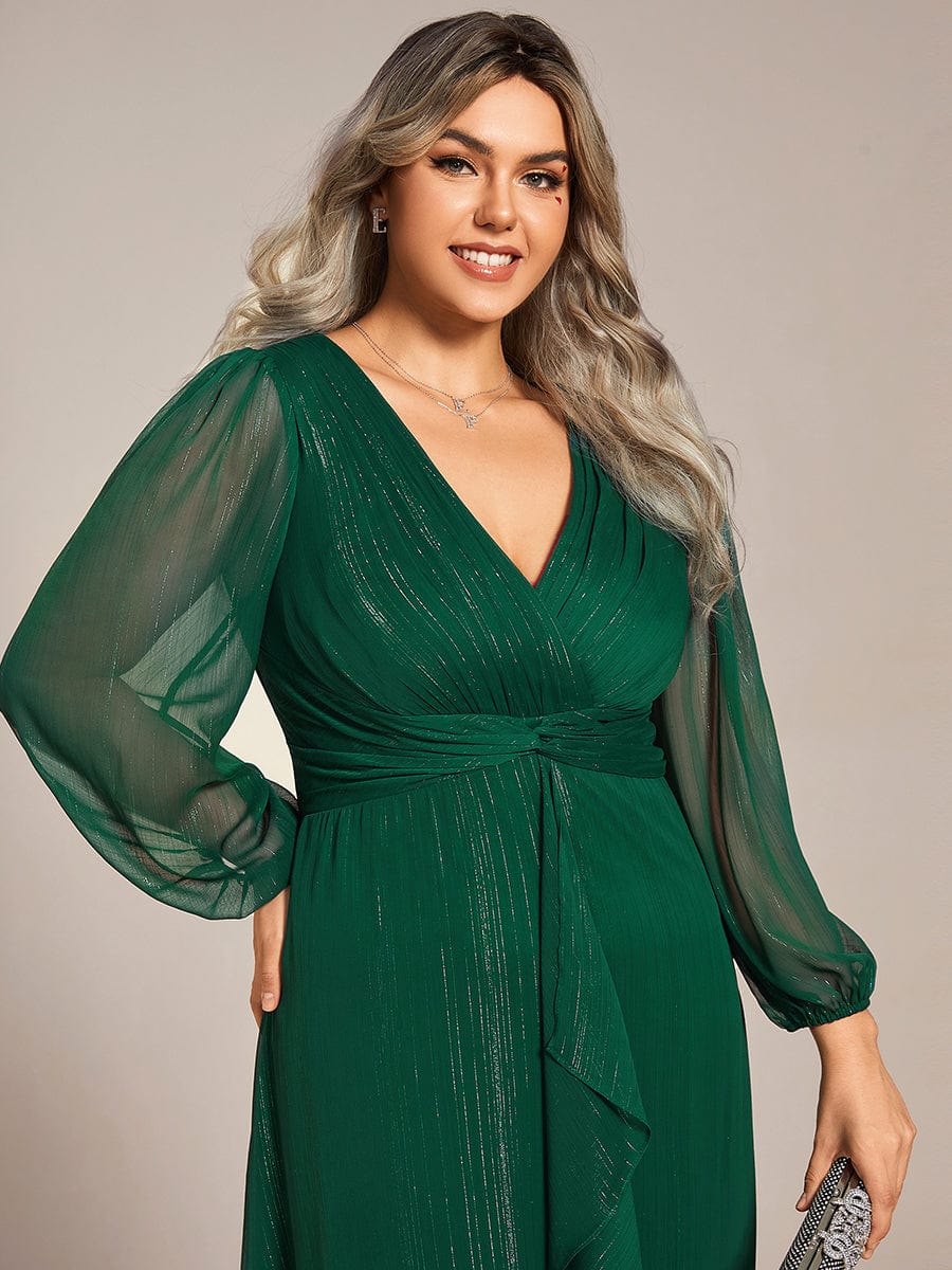 Plus Size Long Sleeve Twist Knot Glitter Midi Dress #color_Dark Green