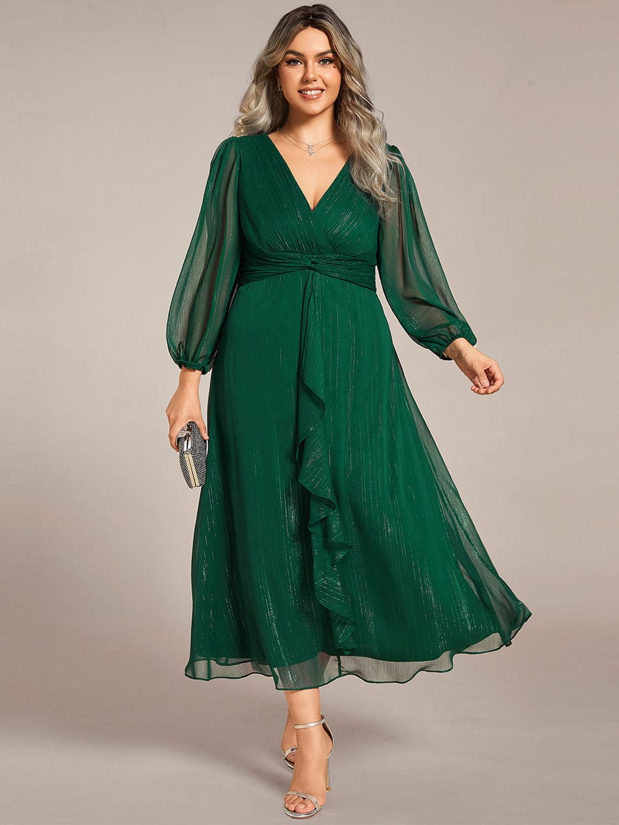 Plus Size Long Sleeve Twist Knot Glitter Midi Dress #color_Dark Green