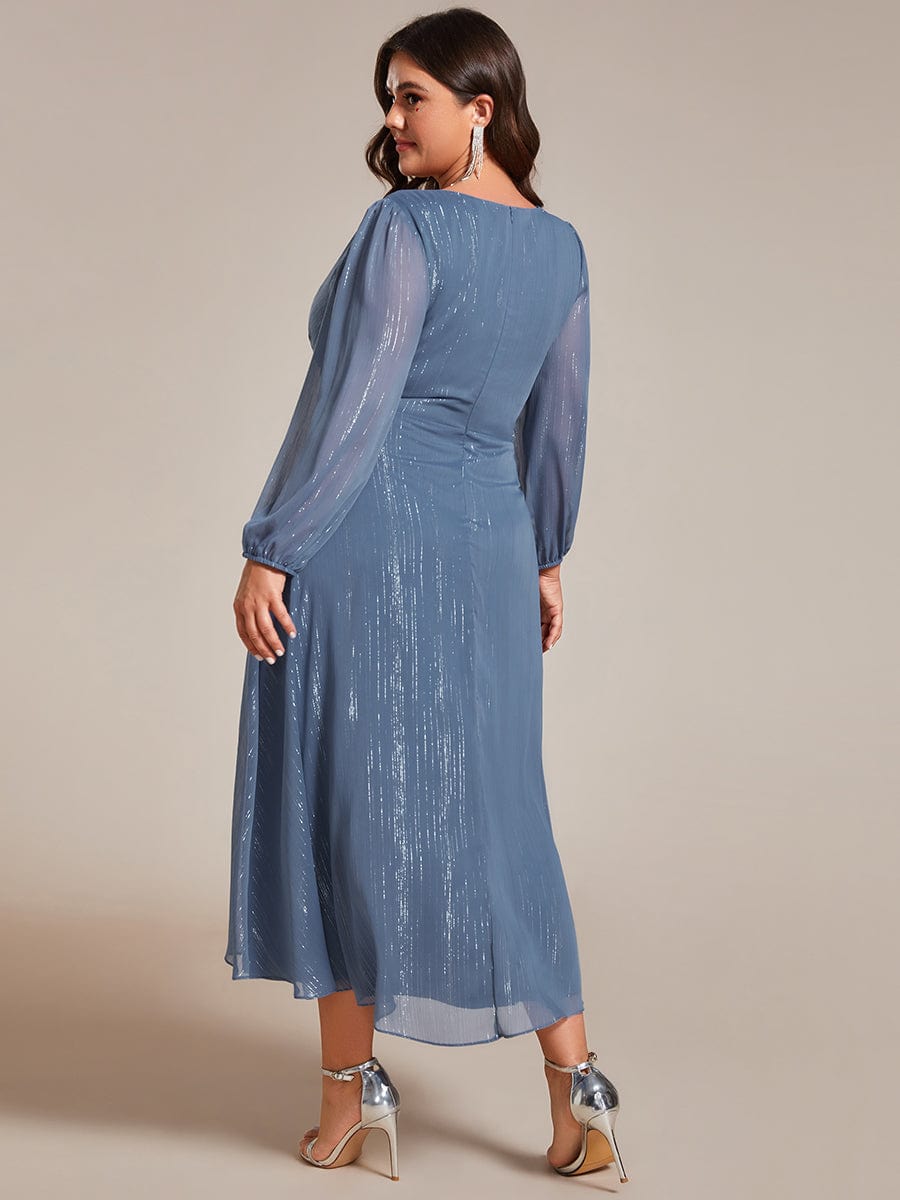 Plus Size Long Sleeve Twist Knot Glitter Midi Dress #color_Dusty Blue