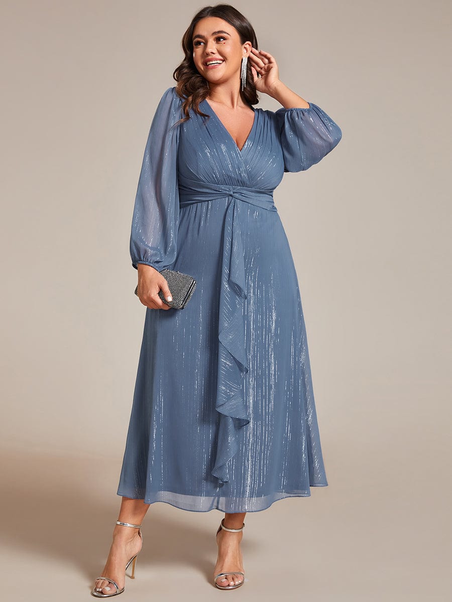 Plus Size Long Sleeve Twist Knot Glitter Midi Dress #color_Dusty Blue